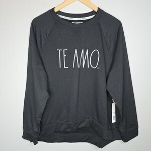 Rae Dunn Women's Te Amo Pullover Raglan Hoodie Sweatshirt Black Stretch Casual